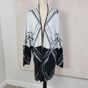 Kasper Black/White/Gray Open Face Knit Long Sweater Cardigan Sz 3X Plus Size